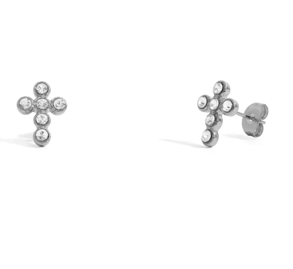 Stainless Steel Round Stone Cross Earrings Lightweight Wedding Faith Christmas